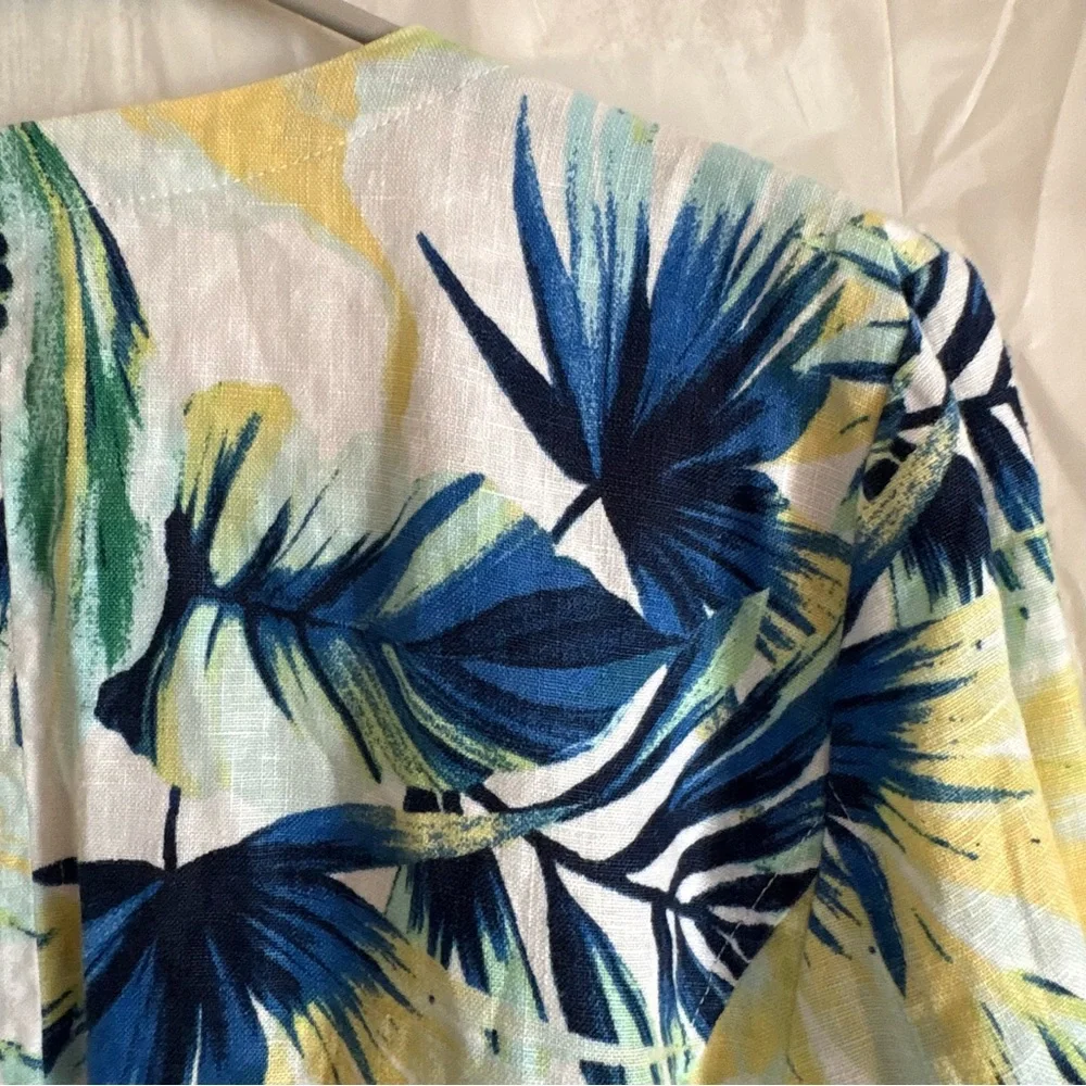 Chico’s Tropical Garden Linen Open Drape Front Jacket Women’s Sz Medium Blue